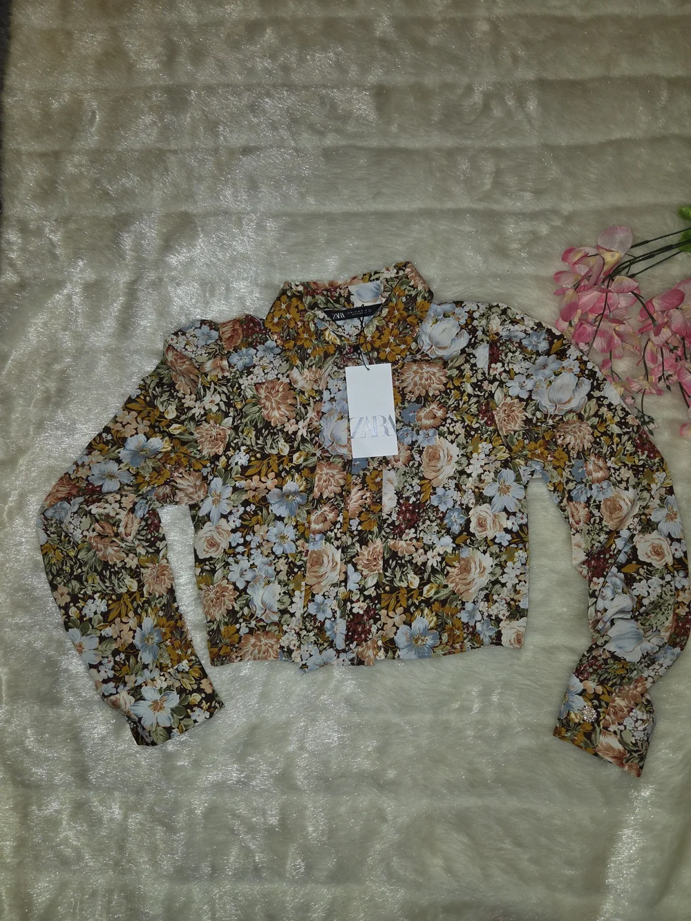 Zara Multicolor Floral Mesh Long-Sleeve Crop Top
